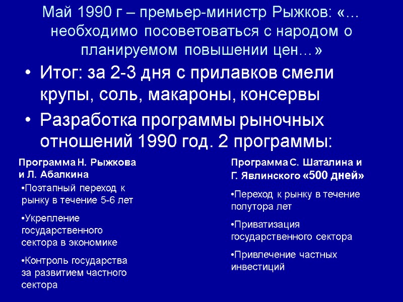 Май 1990 г – премьер-министр Рыжков: «… необходимо посоветоваться с народом о планируемом повышении